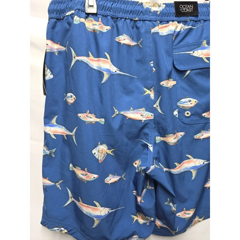 Mens Ocean Coast Lined Swim Shorts Blue Rainbow Fish New Sz XL Coastal Beach